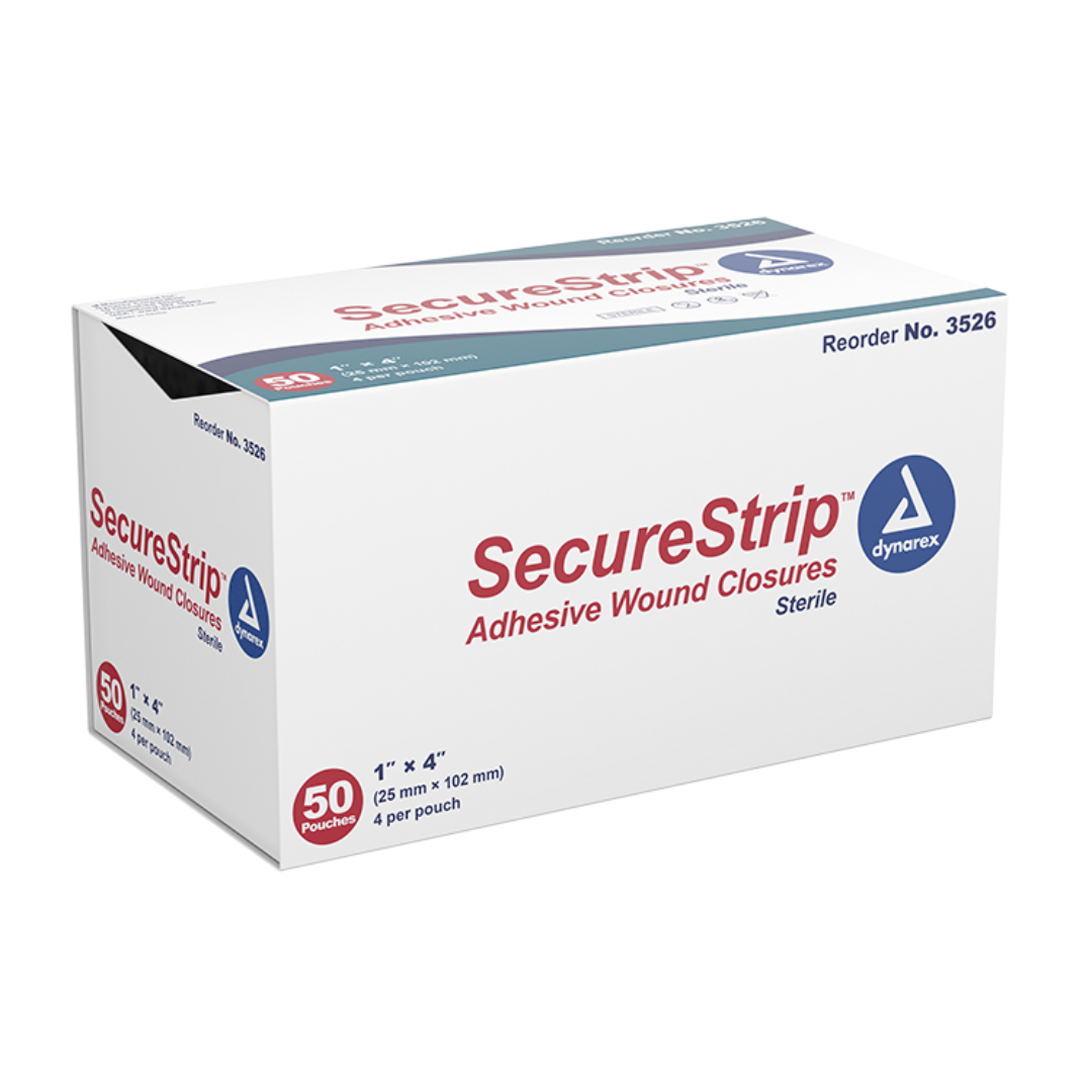 A white box labeled Dynarex Wound Closure Strips - Sterile contains 50 pouches of 1 x 4 adhesive strips. The reorder number 3526 is printed on the box, highlighting their effectiveness for secure wound care.